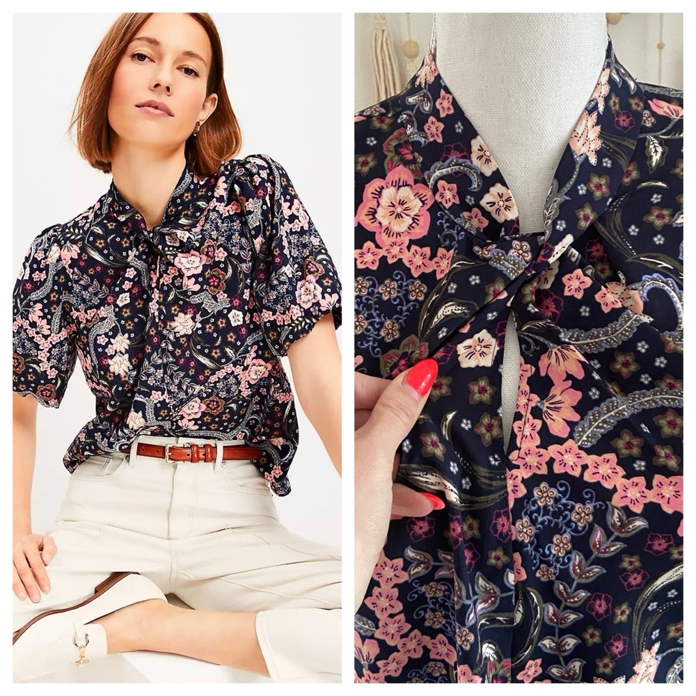 LOFT navy blue bubble sleeve patterned blouse short sleeve top spring Easter S